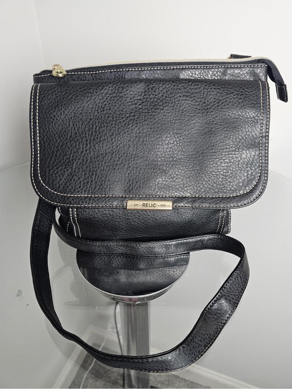 Relic Black Leather Crossbody with Contrast Stitching